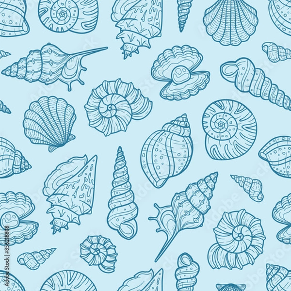 Obraz Dark blue monochromatic detailed seashell line art on an aqua background. Seamless repeated surface vector pattern design.