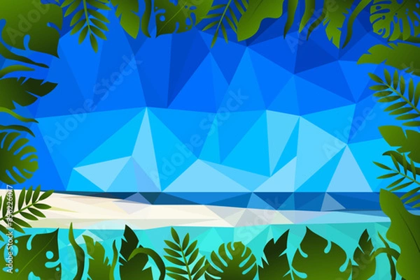 Fototapeta Low poly illustration tropical palm trees and sunshine on dawn background