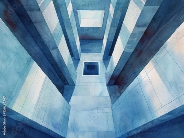 Fototapeta Abstract Geometric Architecture features a modern structure with sharp angles and clean lines, cool blue palette, creating a sense of depth and dimension.