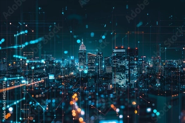 Fototapeta future of embedded finance - city skyline illuminated at night, symbolizing the financial technology, and urban infrastructure in the digital economy of tomorrow