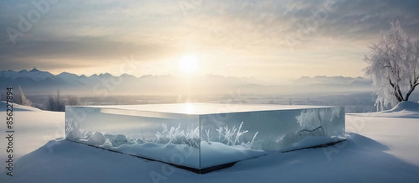 Obraz Ice background podium cold winter snow product platform floor frozen mountain iceberg. Podium glacier cool ice background stage landscape display icy stand 3d water nature pedestal arctic concept cave