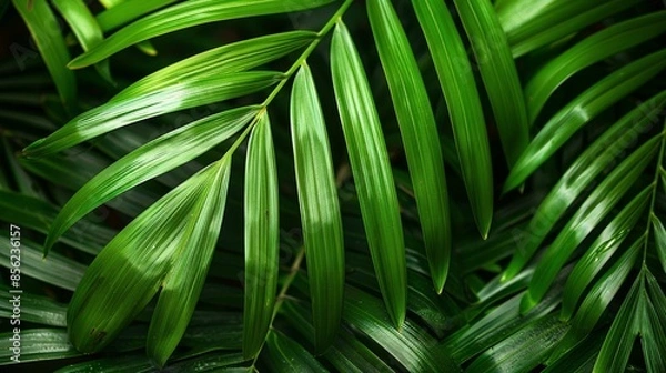 Fototapeta Close-up of lush green palm leaves with sunlight