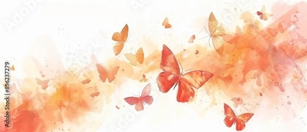 Fototapeta Watercolor painting of pastel butterflies in warm hues, ideal for creating a soft and soothing background design