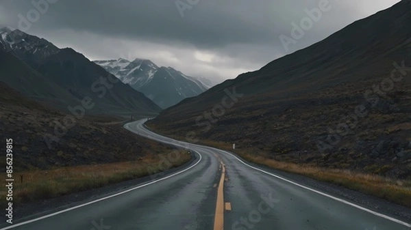 Fototapeta Open Road Through Rugged Mountain Terrain Under Overcast