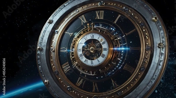 Obraz astronomical clock Time travel Technology Background with Clock concept and Time Machine