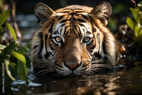 Fototapeta Majestic tiger next to a stream in the lush jungle., generative IA