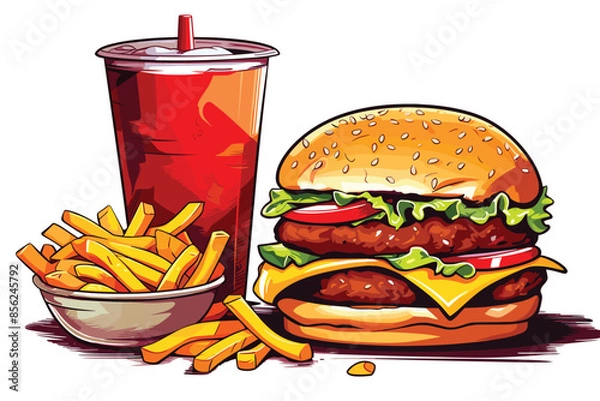 Fototapeta Fast food vector art illustration cartoon vector icon set. Pizza slice, taco, sandwich, roasted turkey, fried egg, french fries, paper cup, hamburger soft drinks generated ai