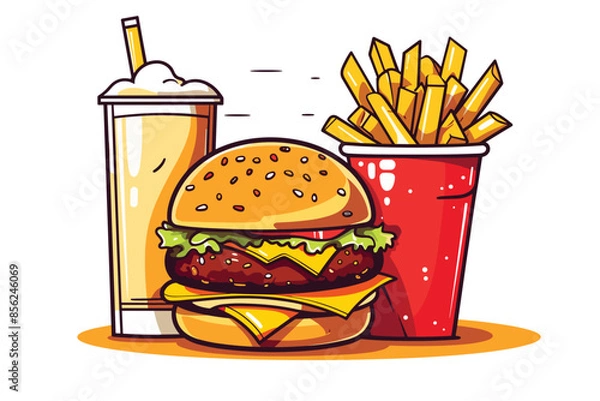 Fototapeta Fast food vector art illustration cartoon vector icon set. Pizza slice, taco, sandwich, roasted turkey, fried egg, french fries, paper cup, hamburger soft drinks generated ai