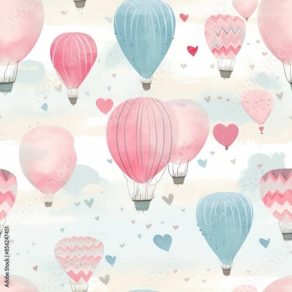 Fototapeta Charming pastel hot air balloons floating in a whimsical sky with clouds and trees. Ideal for nursery decor and print.
