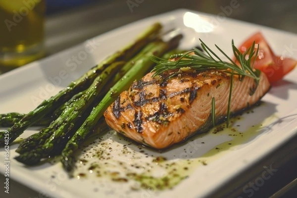 Fototapeta A beautifully arranged plate of grilled salmon with a side of asparagus