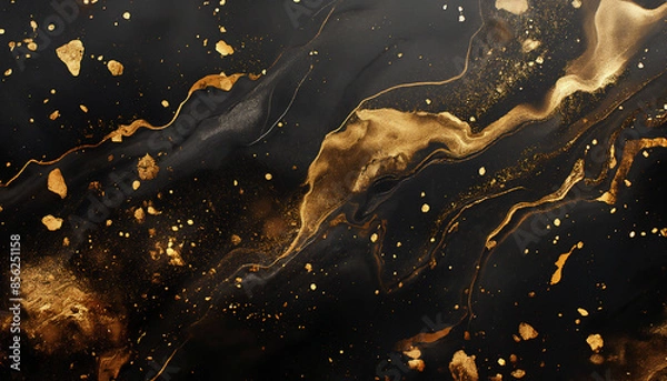 Fototapeta A striking abstract black and golden marble background with a grey effect
