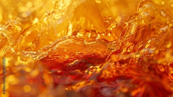 Fototapeta Abstract backdrop with a liquid golden splash effect and drinks. Oil, tea, rum, cognac, and whisky.