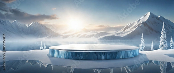 Obraz Ice background podium cold winter snow product platform floor frozen mountain iceberg. Podium glacier cool ice background stage landscape display icy stand 3d water nature pedestal arctic concept cave