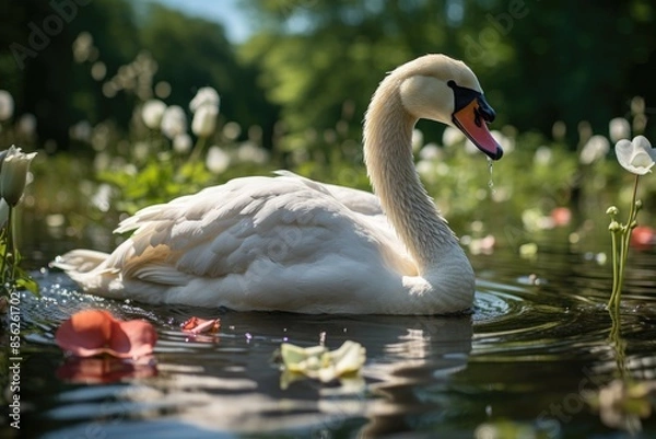 Obraz Elegant swan slides in serene lake at sunset., generative IA