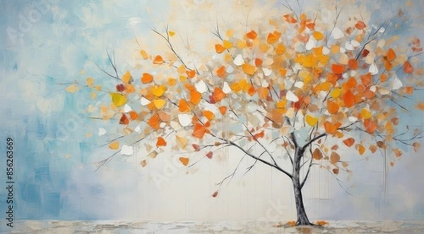 Fototapeta Abstract watercolor painting of autumn tree with falling leaves on the wall