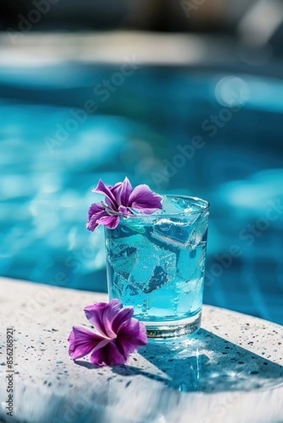 Obraz A blue cocktail with ice cubes and an exotic flower in it, sitting on the edge of a poolside table