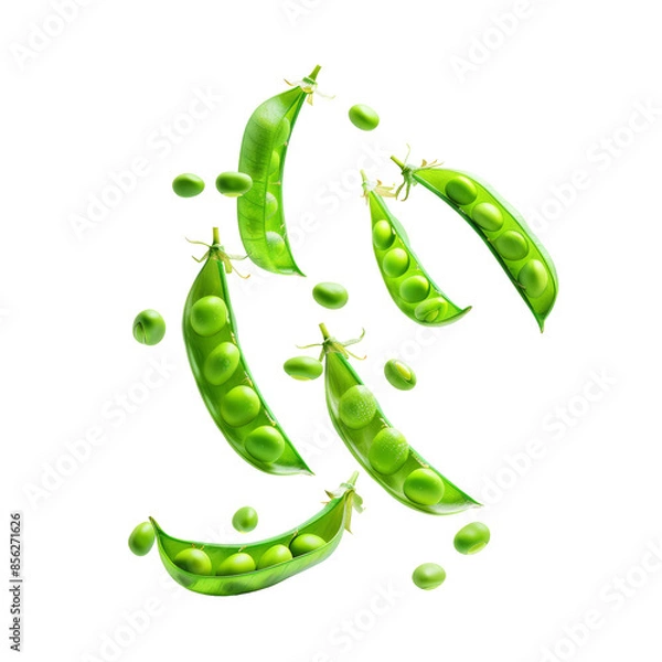 Obraz Fresh Green Peas Floating in the Air on White Background. Perfect for health food concepts, vegan cuisine, and organic produce promotions.