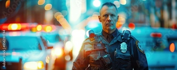 Fototapeta Man bodyguard with security earpiece in streets of city, security concept banner. Generative AI.