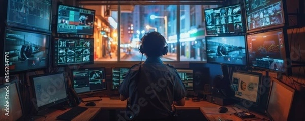 Fototapeta Man security guard in control room, security concept banner. Generative AI.