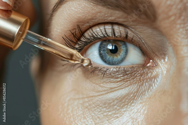 Obraz  close-up of a woman applying a serum to her eye area with a dropper, highlighting skincare routines and anti-aging treatments. The focus is on precision and care
