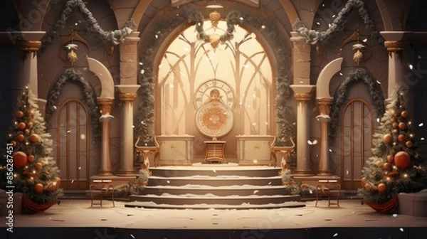 Fototapeta The image is a beautiful depiction of a winter wonderland. The snow-covered landscape is dotted with pine trees and decorated with twinkling lights.