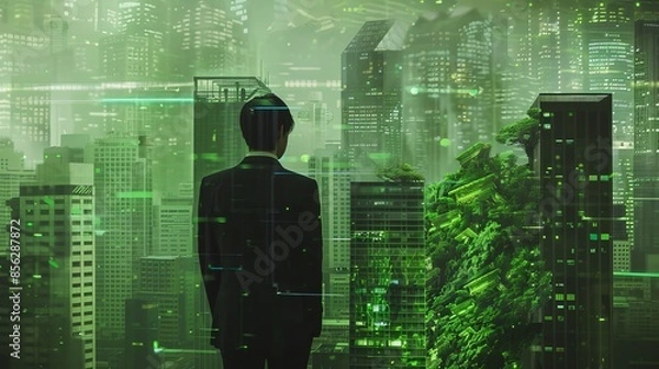 Fototapeta Green Urban Dreams A Visionary Businessperson Contemplating a Sustainable Cityscape of Tomorrow in Shades of Green