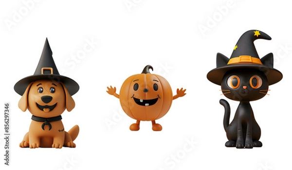 Fototapeta Collection of Halloween Animals: Black Cat, Dog, Pumpkin in Witch Hats - 3D Cartoon Render, Isolated on Transparent Background, PNG