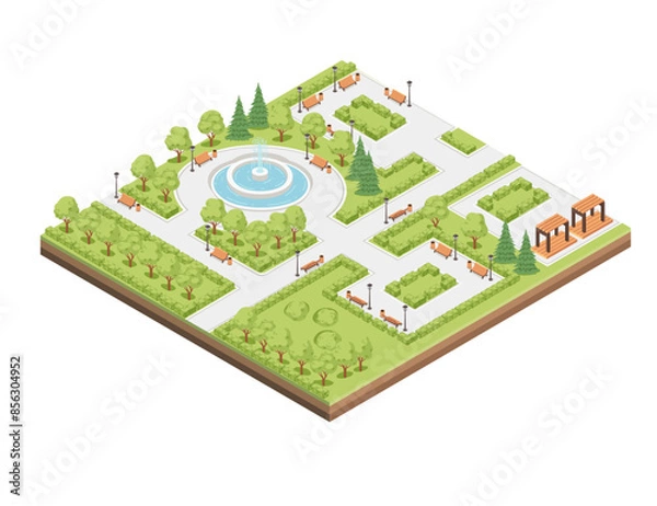 Obraz Isometric city park landscape design concept with water fountain vector illustration, isolated on white background