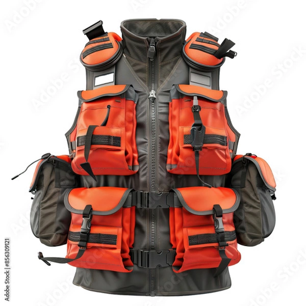 Fototapeta Fishing vest with multiple pockets, for carrying essential gear, isolated on transparent background PNG