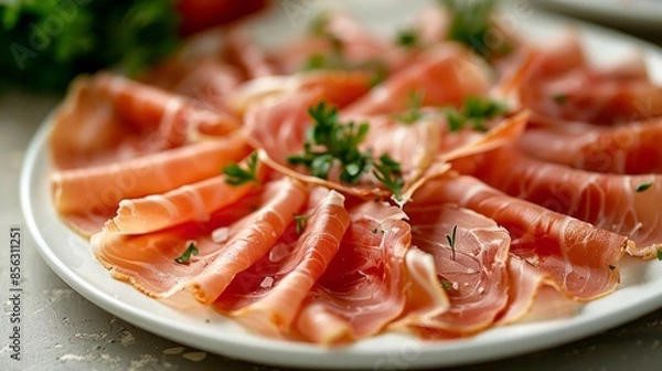 Fototapeta Delicious Italian prosciutto ham served with fresh grapes and herbs elegantly arranged on a white plate.