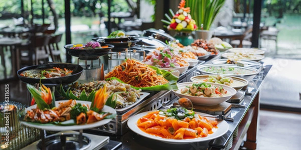 Fototapeta A buffet table displaying diverse dishes in a restaurant setting