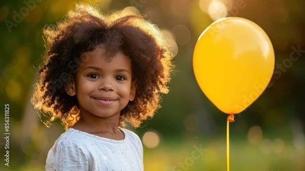 Fototapeta Child Holding A Bright Yellow Balloon, Beaming With Joy