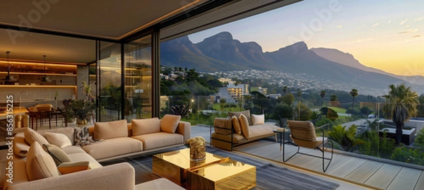 Fototapeta Beautiful view of Cape Town's twilight ocean view on modern luxury home showcase patio with open balcony, interior design with modern furniture, glass walls, sofas & gold coffee table.