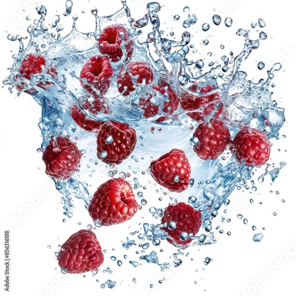 Obraz Raspberries Splashing in Clear Water Isolated on Transparent Background. Perfect for Fresh Organic Food Concepts,, healthy living, and natural products.