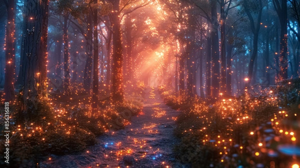 Fototapeta mystical forest scene illuminated by magical glowing lights and mist