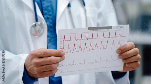 Fototapeta A healthcare professional examines an electrocardiogram (ECG) reading, focusing on the precise measurement of heart rhythms, critical for diagnostic accuracy in cardiac care.