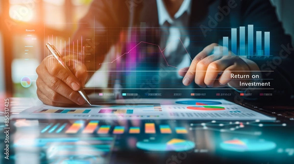 Fototapeta  A business professional examines financial charts on a digital tablet, focusing on Return on Investment metrics, reflecting the integration of technology in strategic financial planning.