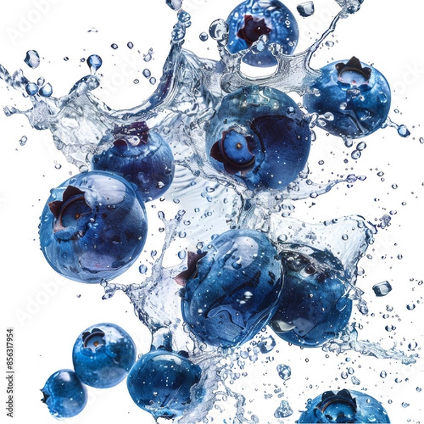 Obraz Blueberries Splashing in Clear Water Isolated on Transparent Background. Perfect for refreshing food concepts, healthy eating promotions, and beverage advertising.