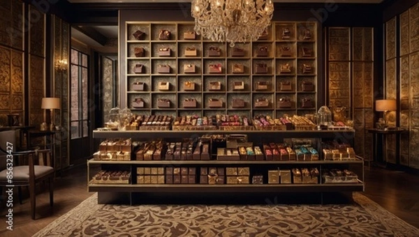 Obraz gourmet chocolate shop, featuring rows of indulgent truffle boxes and artisanal chocolate bars wrapped in vibrant, foil-stamped packaging, set against a backdrop of vintage-insp