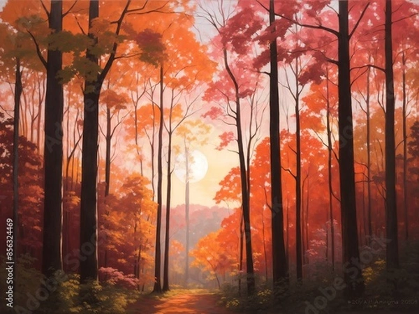 Fototapeta "Forest Symphony: The Harmonious Dance of Sunset and Moonrise Light Filtering Through Dense Trees in a Serene Woodland"