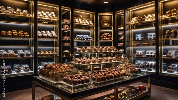 Obraz cozy chocolate shop, artisanal chocolates, gourmet truffles, pralines, shimmering foil, elegant glass display, chocolate lovers, sweet indulgence, handmade delicacies, small batch chocolates, luxury t