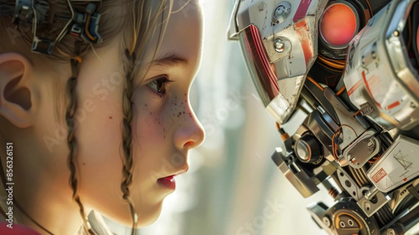 Fototapeta Cute little girl stands next to friendly robot. Concept of future technology in which AI will become part of everyday life. Selectiv focus. Close up. Generative AI