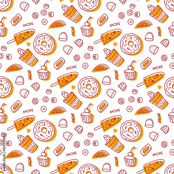 Obraz Seamless pattern with sweets. Candy background. Good for textile design, wrapping paper, wallpaper, menu, cafe, etc. Vector illustration.