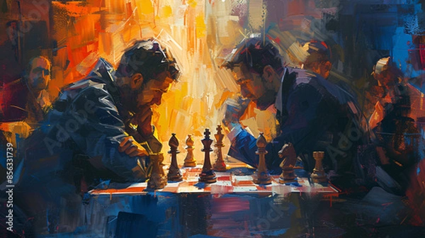 Fototapeta Two Men Playing Chess Intense Focusing on Chess Game Expressonist Oil Painting.