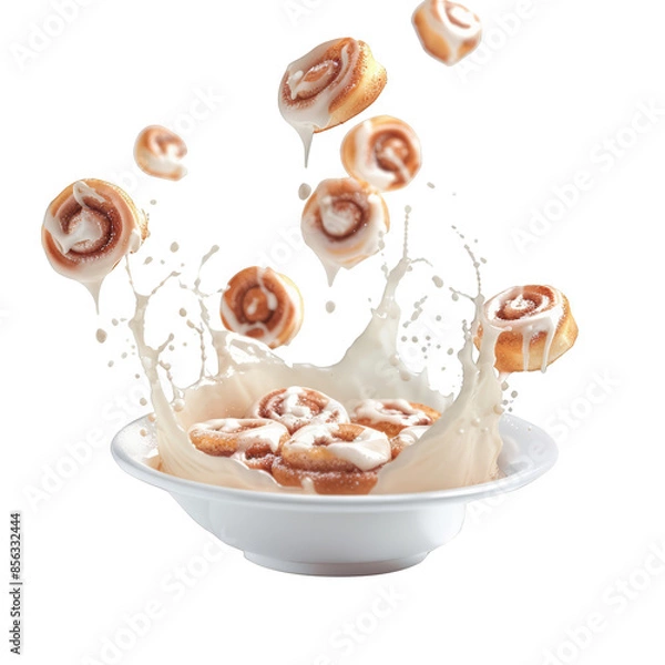 Fototapeta Delicious Cinnamon Rolls in Milk Splash on Transparent Background. Perfect for bakery advertising, recipe cards, food blogs, social media marketing, and dynamic food photography concepts.