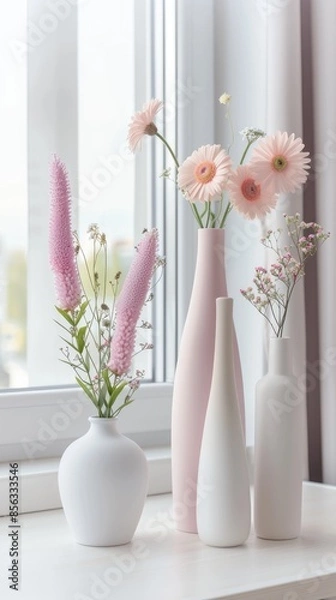 Fototapeta A collection of seven ceramic vases of various shapes, sizes, and colors sit on a white wooden surface, with a bouquet of white daisies in a tall vase in the background