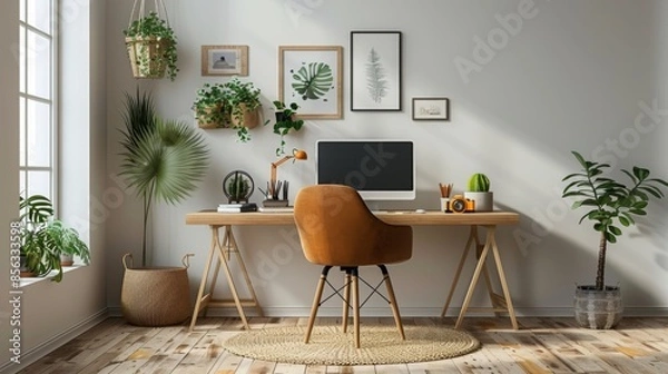 Fototapeta home office design, productive and organized scandinavian-style workspace featuring a modern desk, ergonomic chair, and ample storage for a sleek look