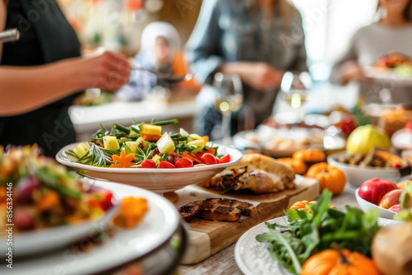 Fototapeta Thanksgiving family vegan lunch, with autumn decoration and plenty of healthy food on the table, with blurred happy people around the table celebrating the holiday.