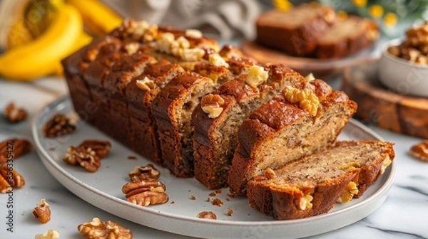 Fototapeta banana walnut bread, moist homemade banana bread loaf with walnuts, sliced and served on a white plate a delicious treat