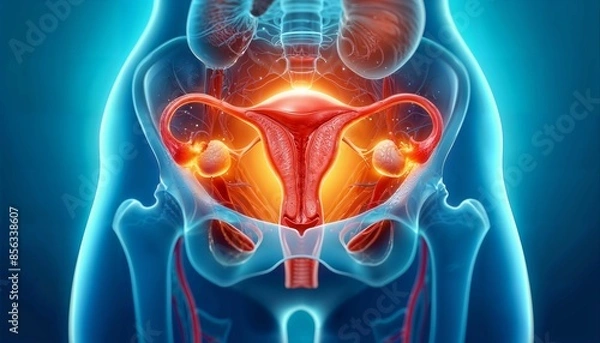 Obraz 3D medical illustration of the female reproductive system highlighting the uterus and ovaries.